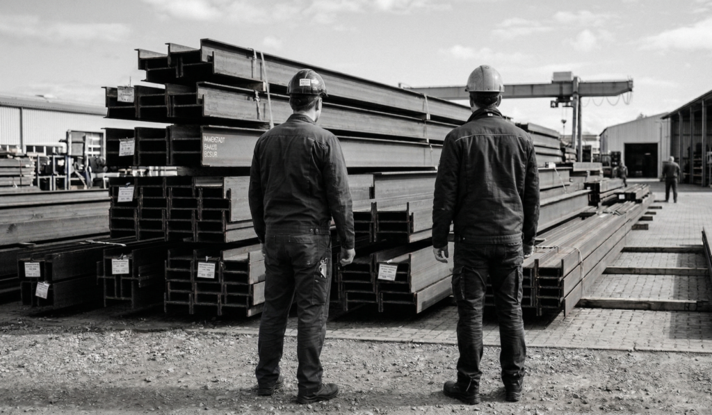 Experten von AT-METALL bei der Qualitätskontrolle von Stahlträgern und Schweißkonstruktionen im Lager.